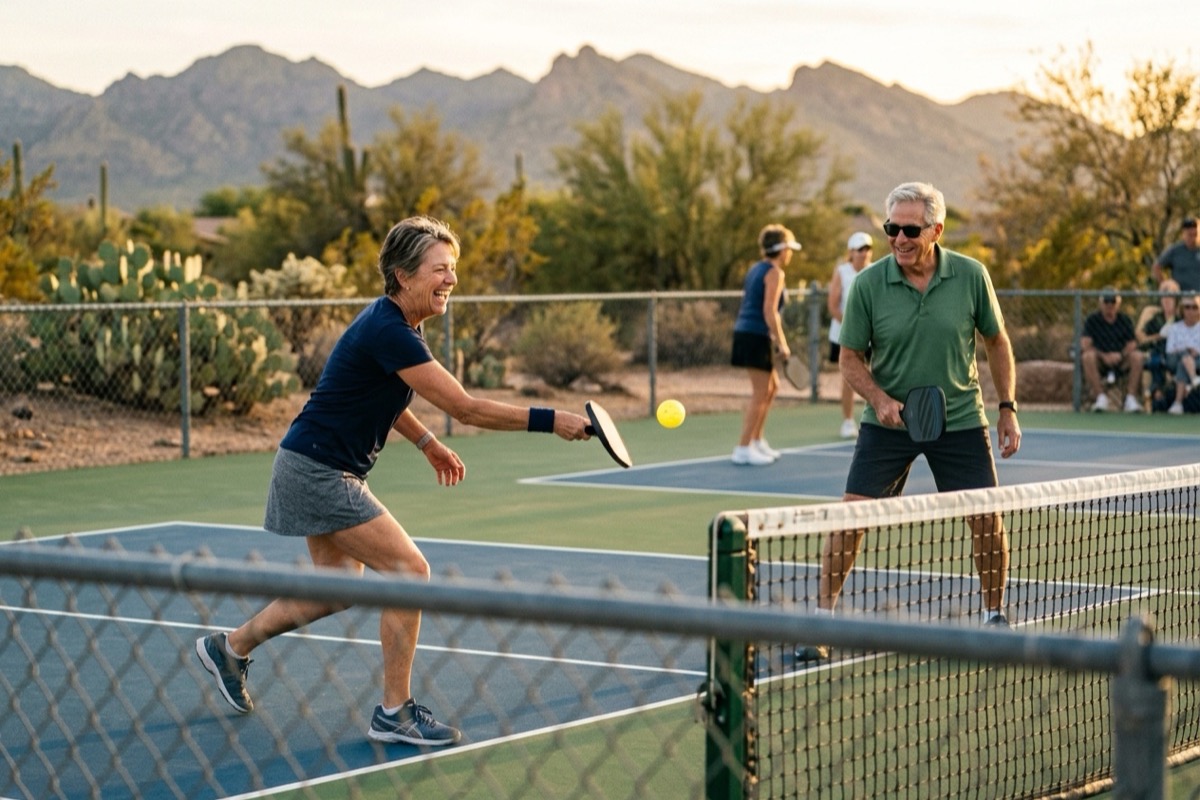 A couple in their 60s playing pickleball on an outdoor Arizona court at golden hour